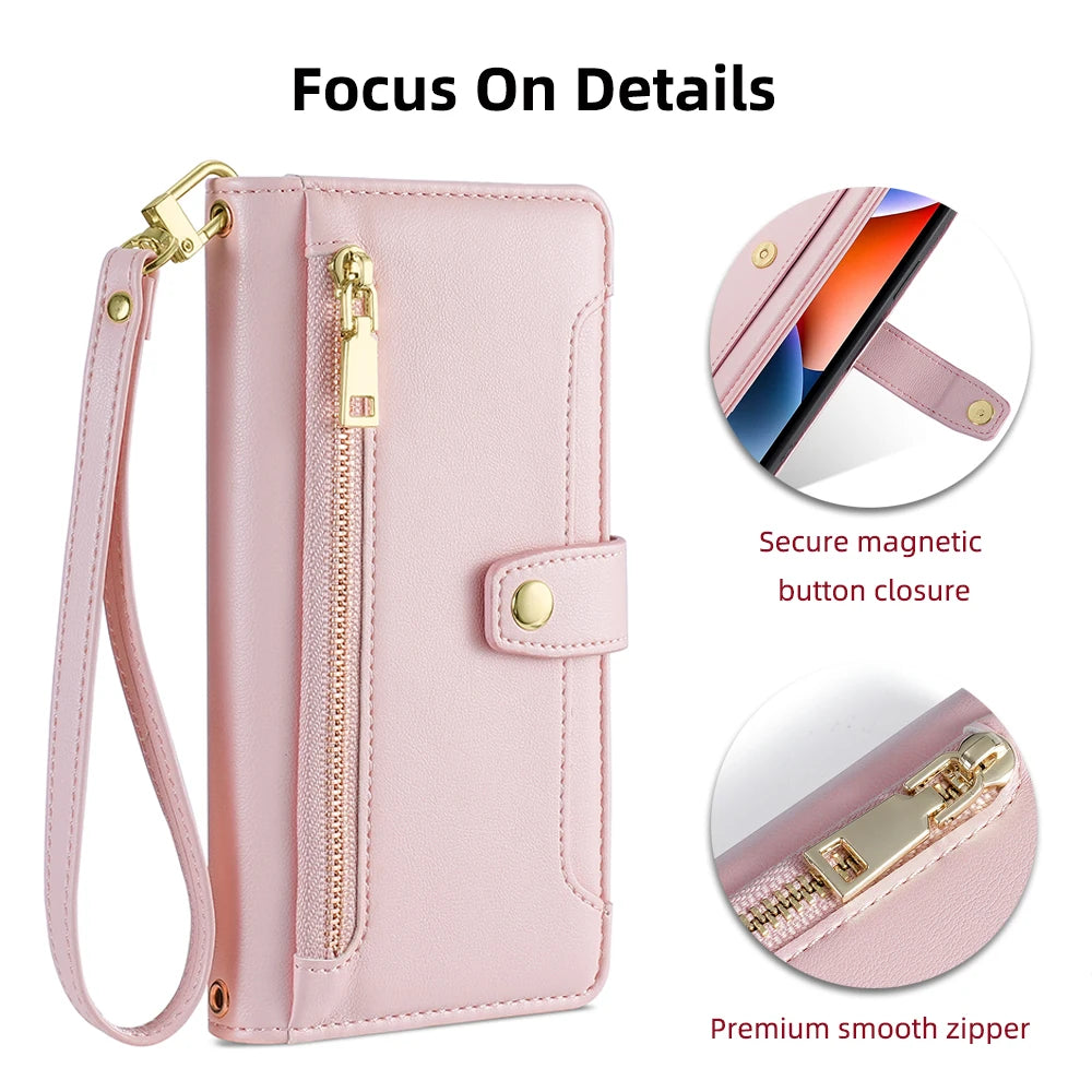 Ladies Card Slots Wallet Crossbody Phone Case for iPhone 15 14 13 12 11 Pro Max Cover with strap