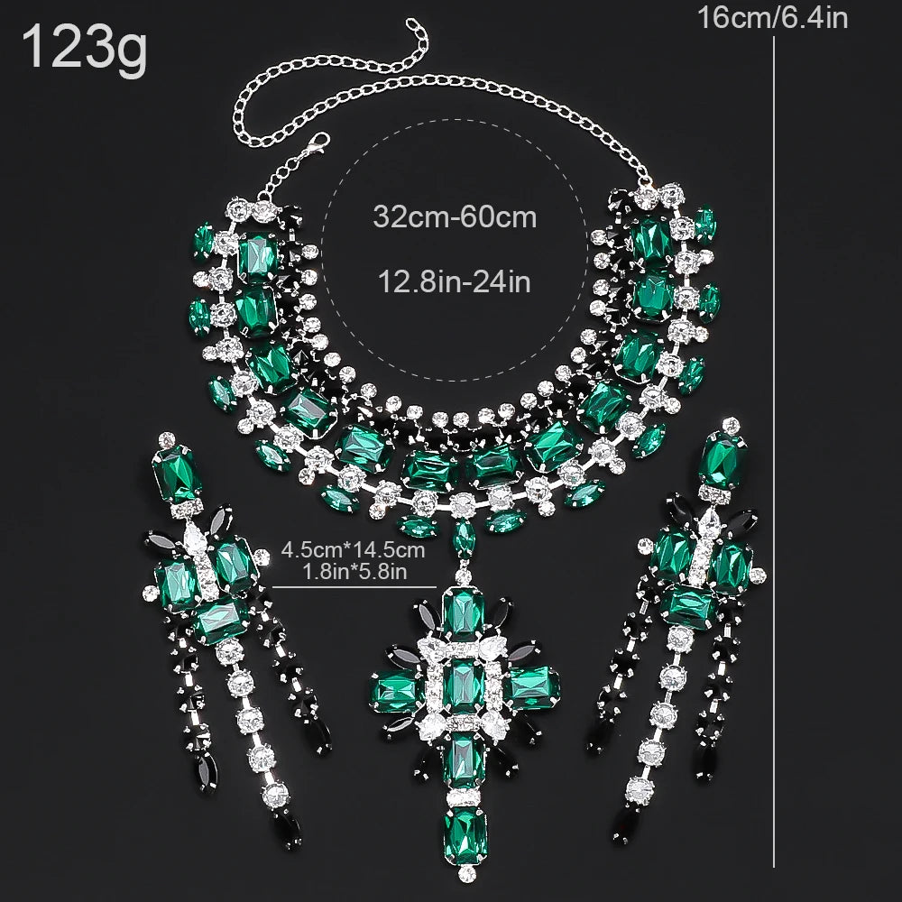 Necklace Set Pendant Bridal Accessories Luxury Design Green Rhinestone Jewellery Sets