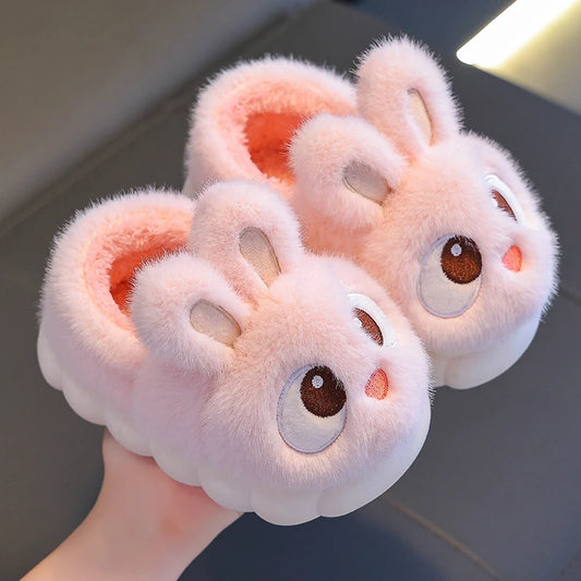 New Winter Cute Big eyed Rabbit Children's Cover Heel Warm Non-slip Fluffy Slippers