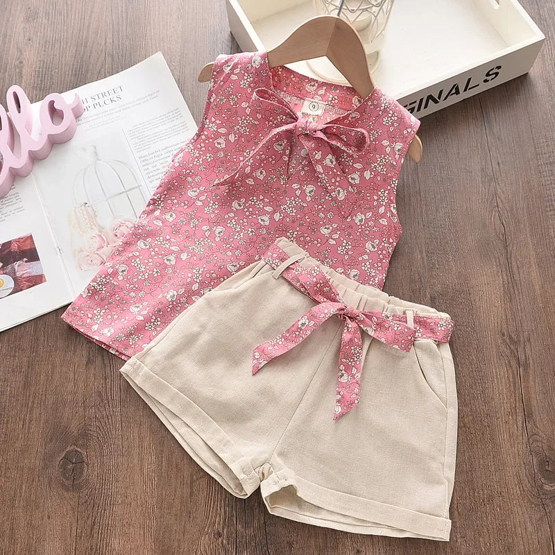 Summer Kids Clothes Floral Chiffon Halter+Embroidered Shorts Straw Children Clothing