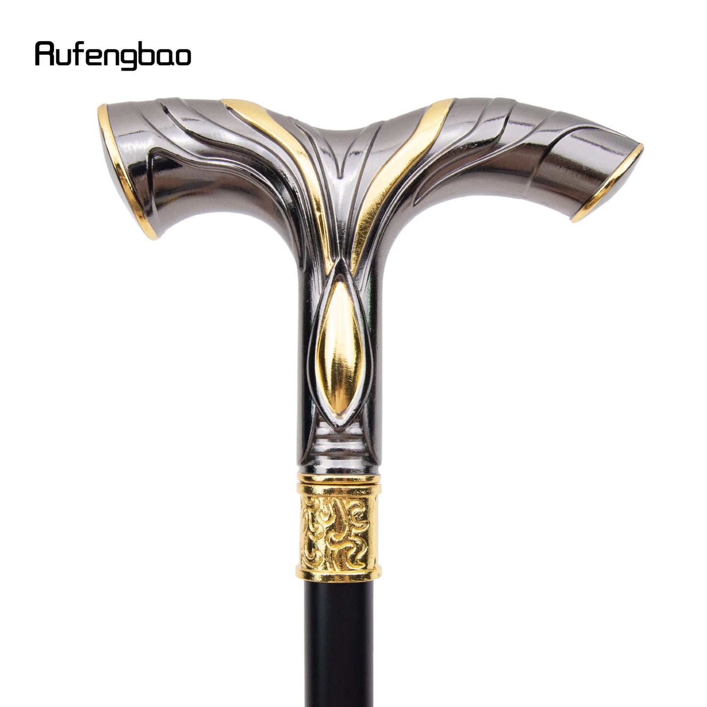 Golden Black Flowing Lines Handle Walking Stick with Hidden Plate Self Defense Fashion Stick