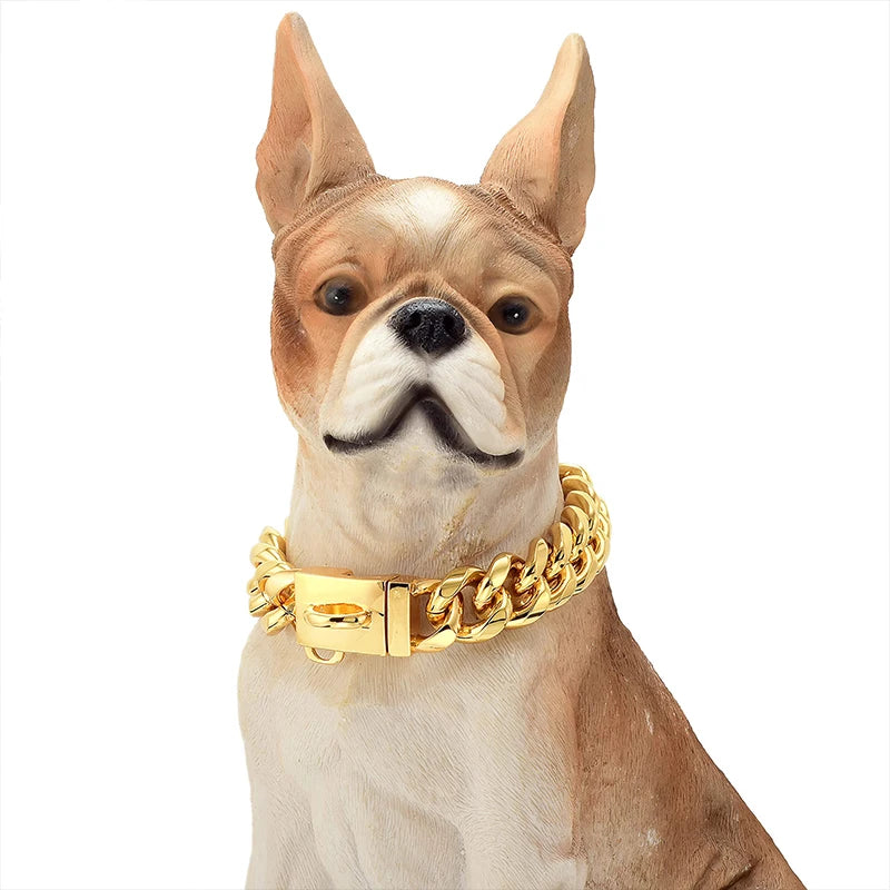 18K Gold Dog Collar Stainless Steel Cuban Link Chain 14mm Wide Metal Pet Necklace for Small Medium Large Dog