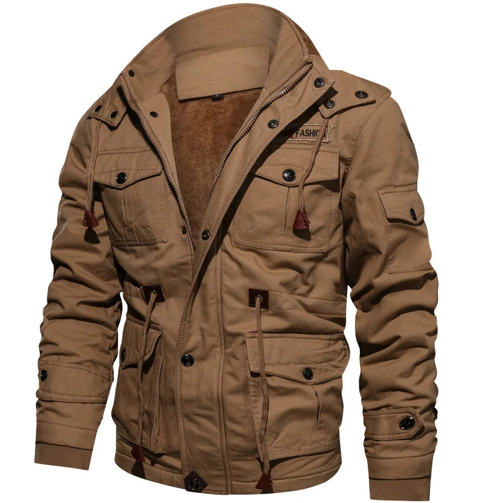 Men's cargo jacket warm fleece hooded coat top casual military cotton men's clothing