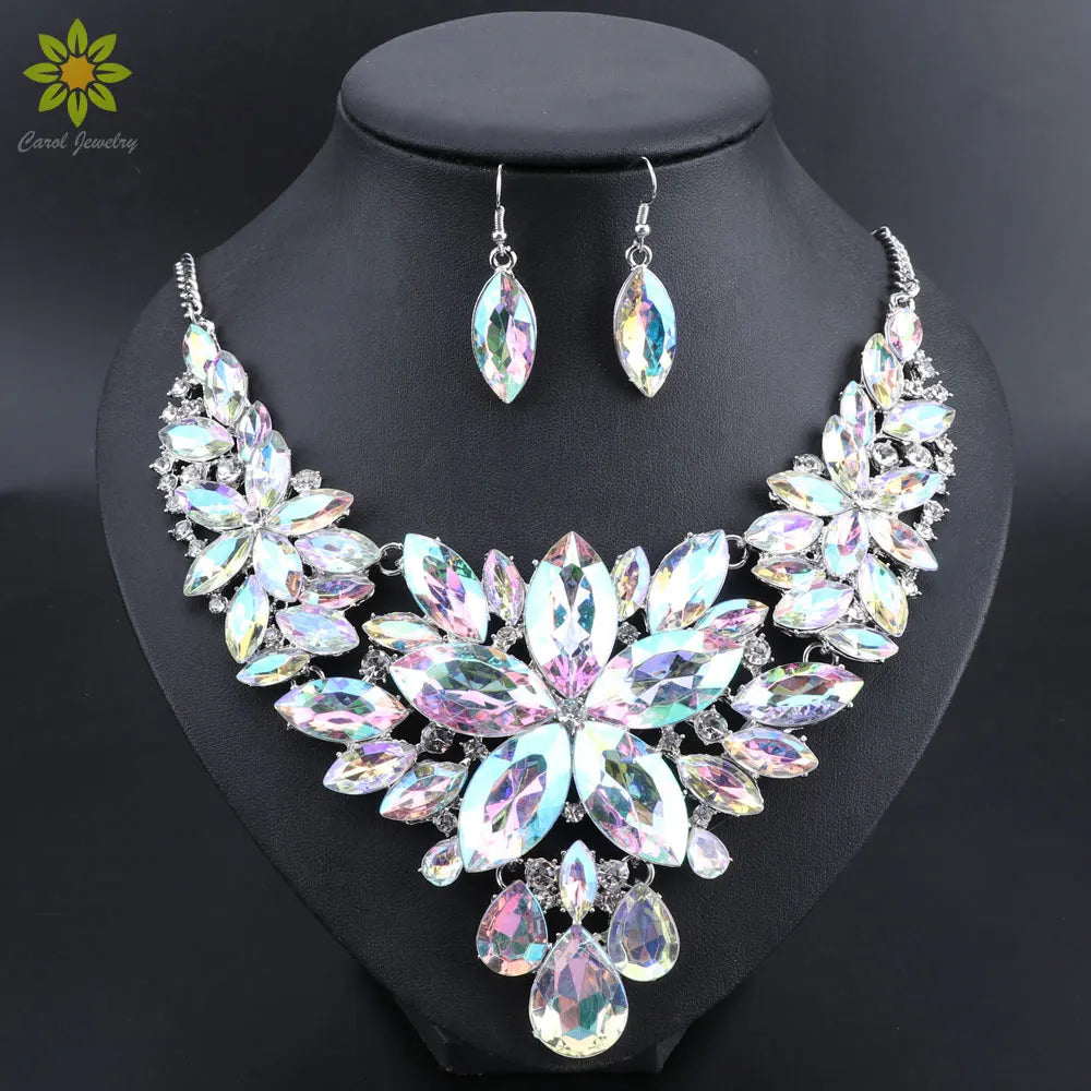 Indian Bridal Jewelry Sets Jewellery Flower Crystal Necklace Earrings Sets