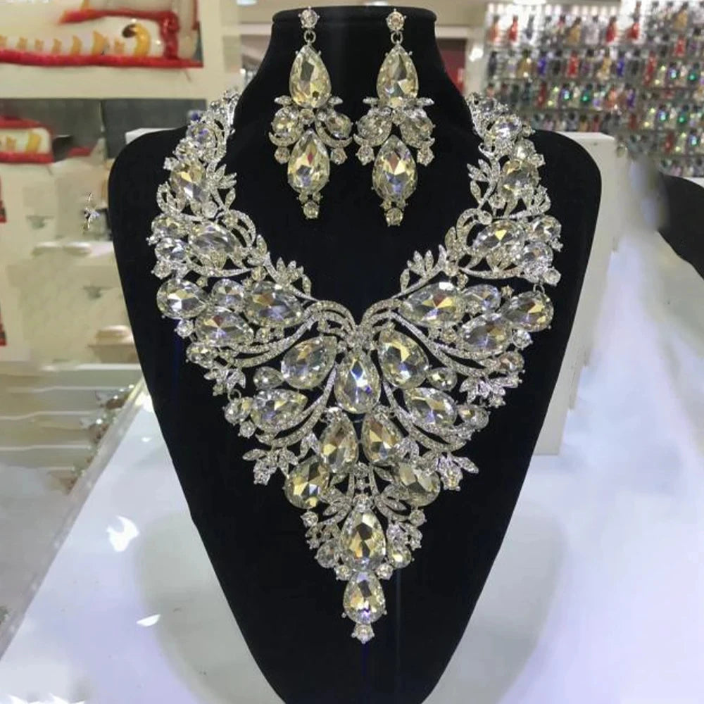 Stonefans Rhinestone Drop Necklace Earrings Set for Women Party Accessories Large Exaggerated Drag Queen Jewelry Set Luxury 2023 - Hiron Store