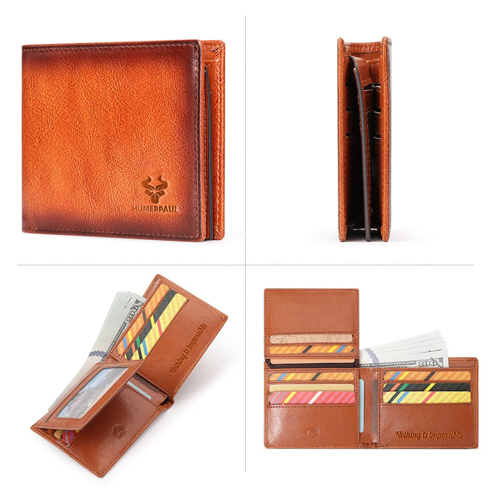 Wallet for Men Genuine Leather RFID Blocking Bifold Stylish Card Holder Purse with ID Window Classic Money Bag