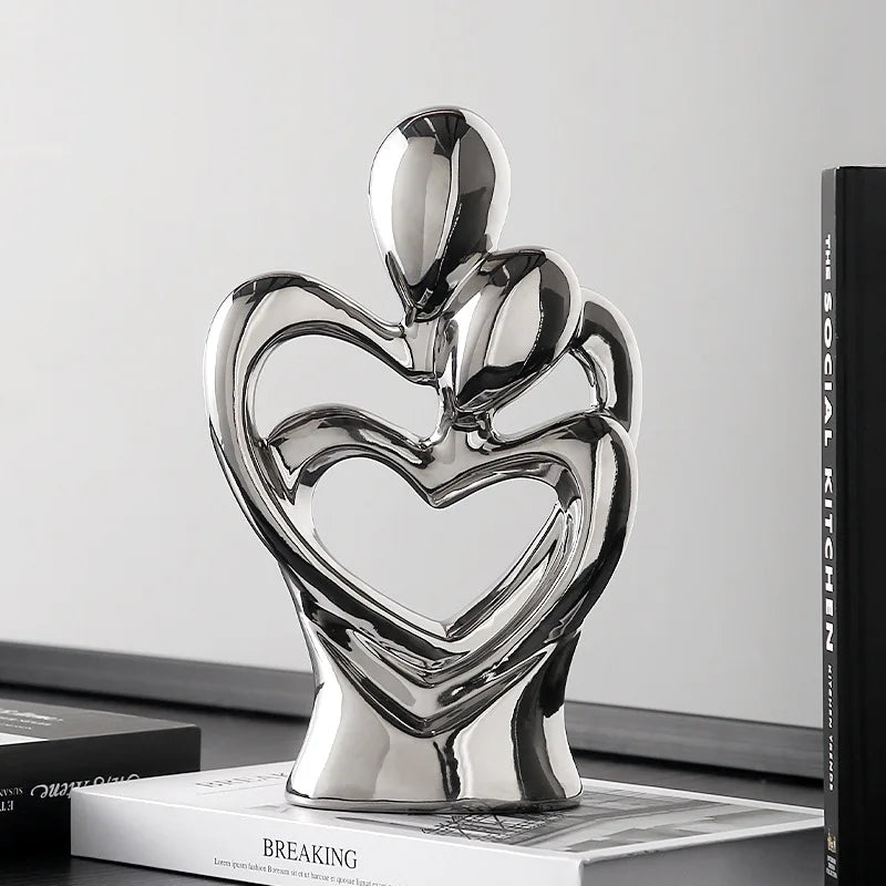 Silver Heart In Heart Sculpture Abstract Ceramic Electroplating Lover Figure Home Decoration