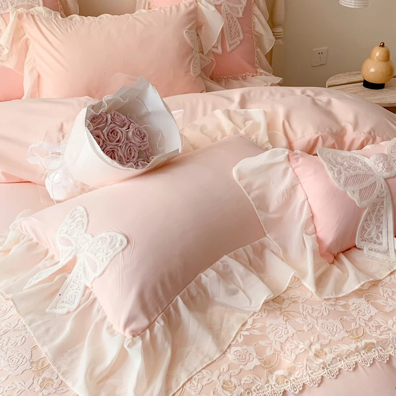 Princess Bedding Set Coquette Lace Bow Beauty Solid Colour Comforter Sets Luxury  Duvet Cover