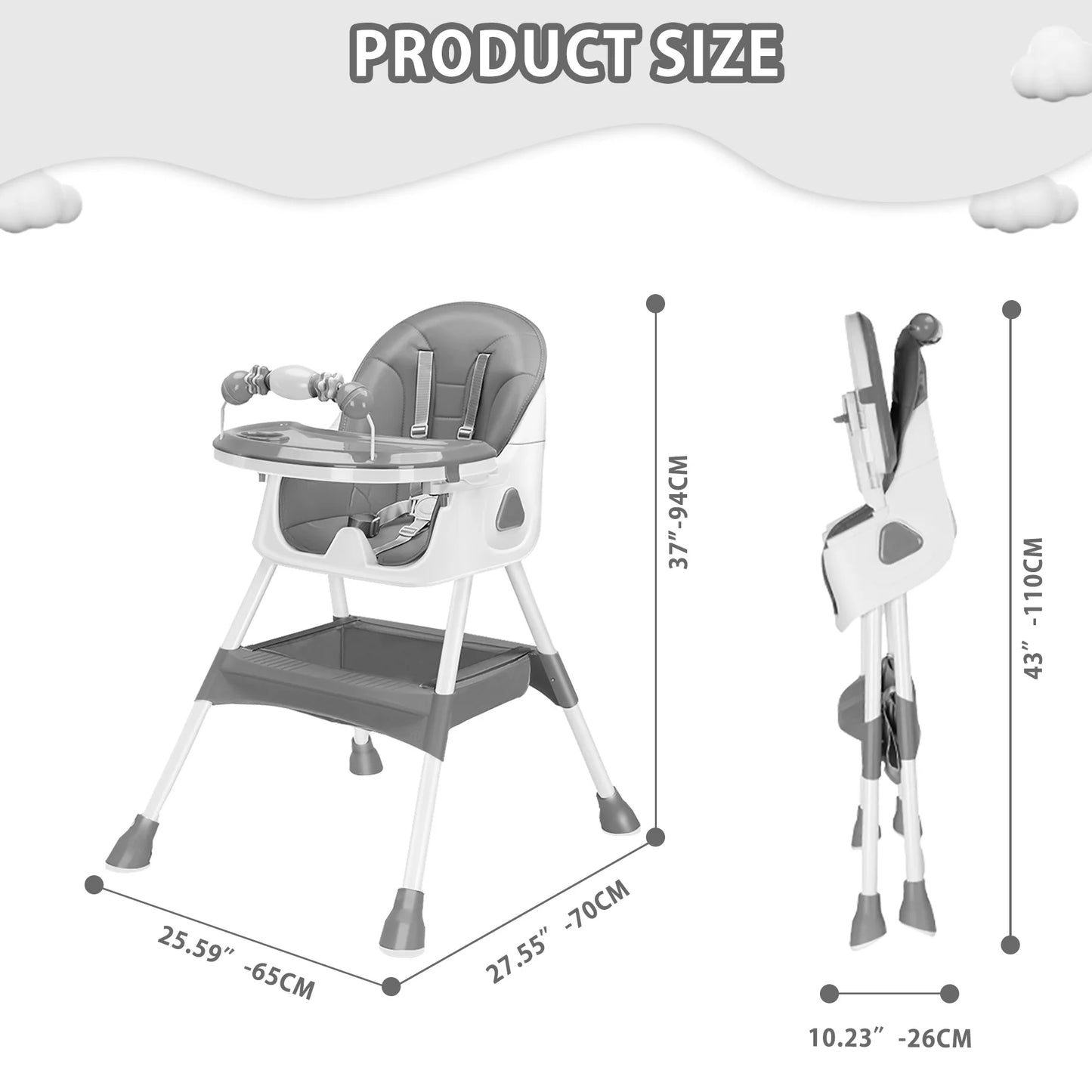 Foldable Baby High Chair 6 Months Plus, with Large Antislip Pad & ToyRack