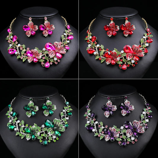 luxury retro necklace earring set with colourful flower crystal necklace collarbone chain