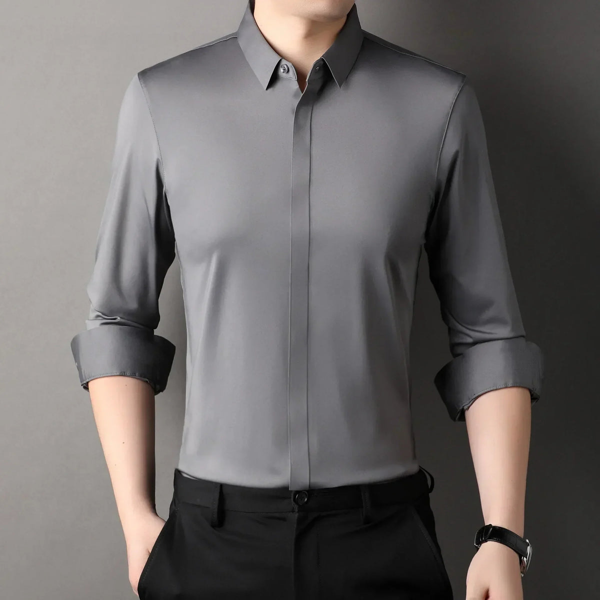 High end Mulberry Silk Dress Shirts, Business  Men Wrinkle Resistant, Button Invisible Elastic Tops, Luxurious Male  Clothing