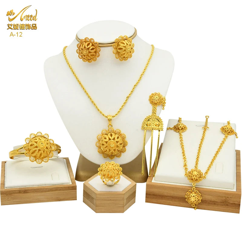 ANIID Ethiopian Gold Plated 6PCS Jewelry Set For Women Indian Red Crystal Luxury Jewellery Sets