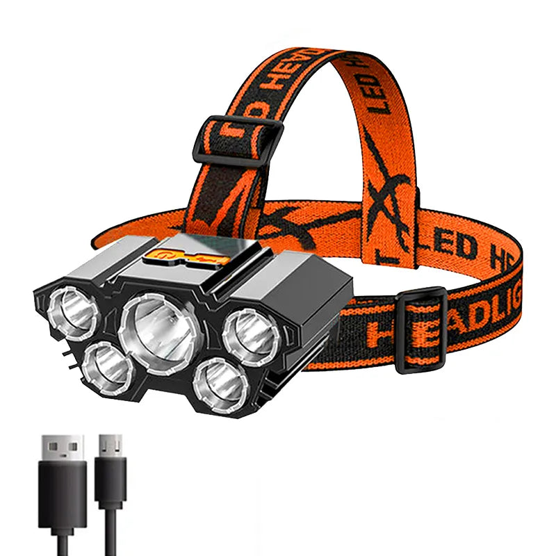 5 LED Headlamp Rechargeable with Built in 18650 Battery Strong Light Headlight Camping Adventure Fishing Head Light Flashlight - Hiron Store