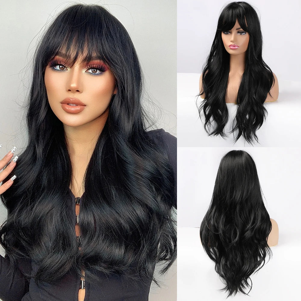 Ombre Brown Blonde Long Straight Synthetic Wigs with Bangs Cosplay Wig for Women High Temperature Natural Fake Hair