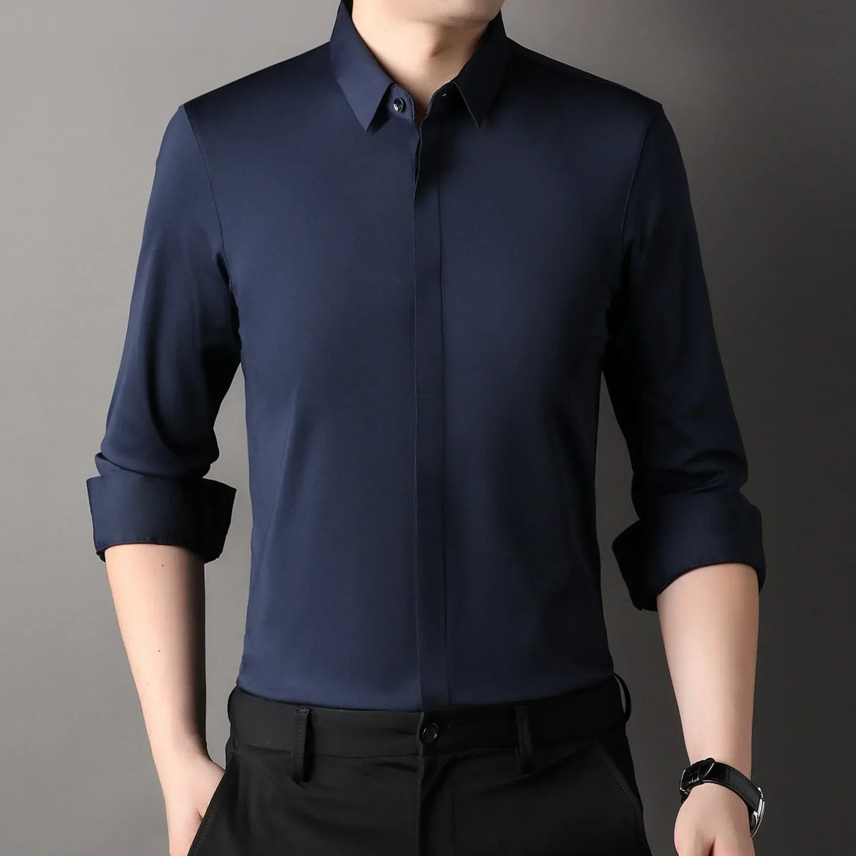 High end Mulberry Silk Dress Shirts, Business  Men Wrinkle Resistant, Button Invisible Elastic Tops, Luxurious Male  Clothing