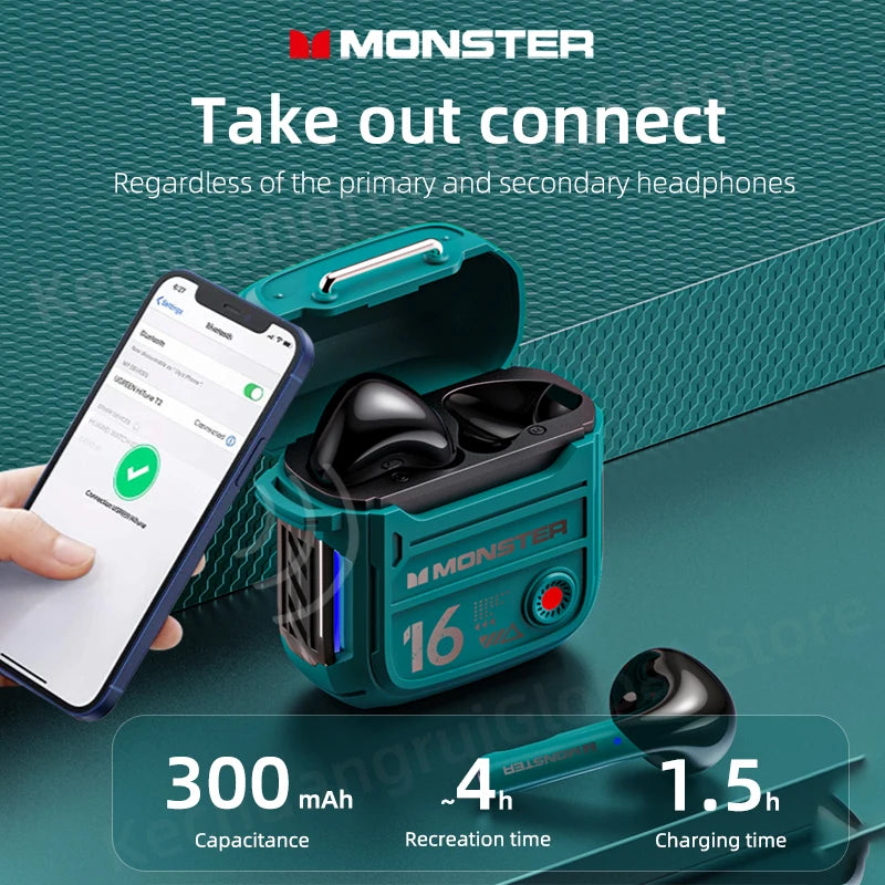 Monster Bluetooth 5.3 Earphones Mechanical Design Wireless Headphones Gamer Headset TWS Noise Reduction Sports Earbuds