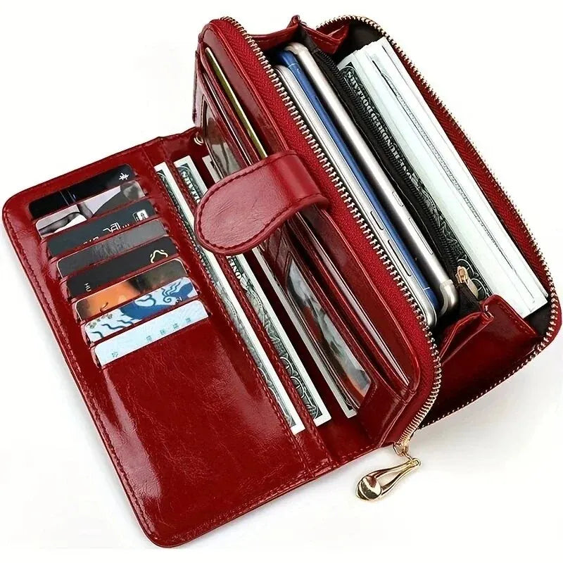 Women's Vintage Oil Wax PU Leather Clutch Wallet Female Large Capacity Phone Card Holder Pouch Bag