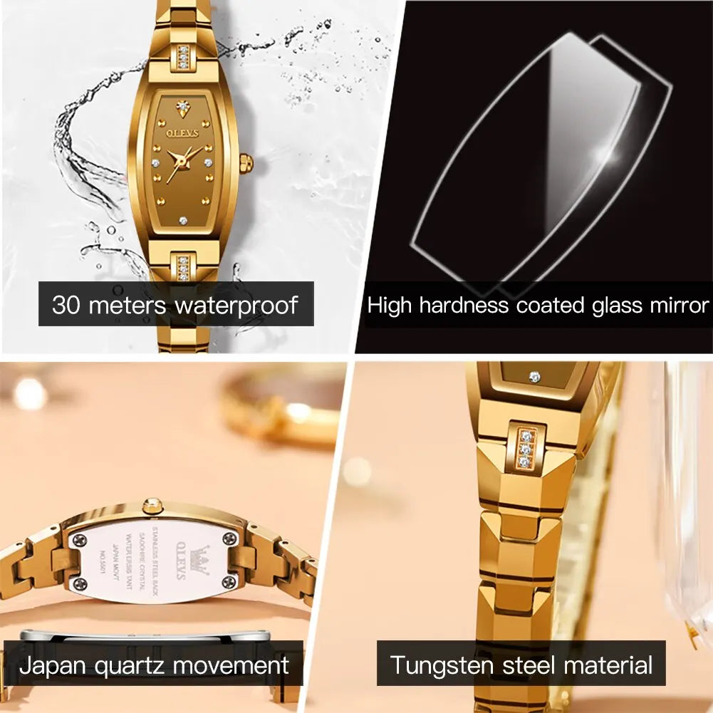 OLEVS Slim Thin Watch for Women Luxury Tungsten Steel Band Tonneau Design Square Shape Elegant Diamond Quartz Ladies Watch - Hiron Store