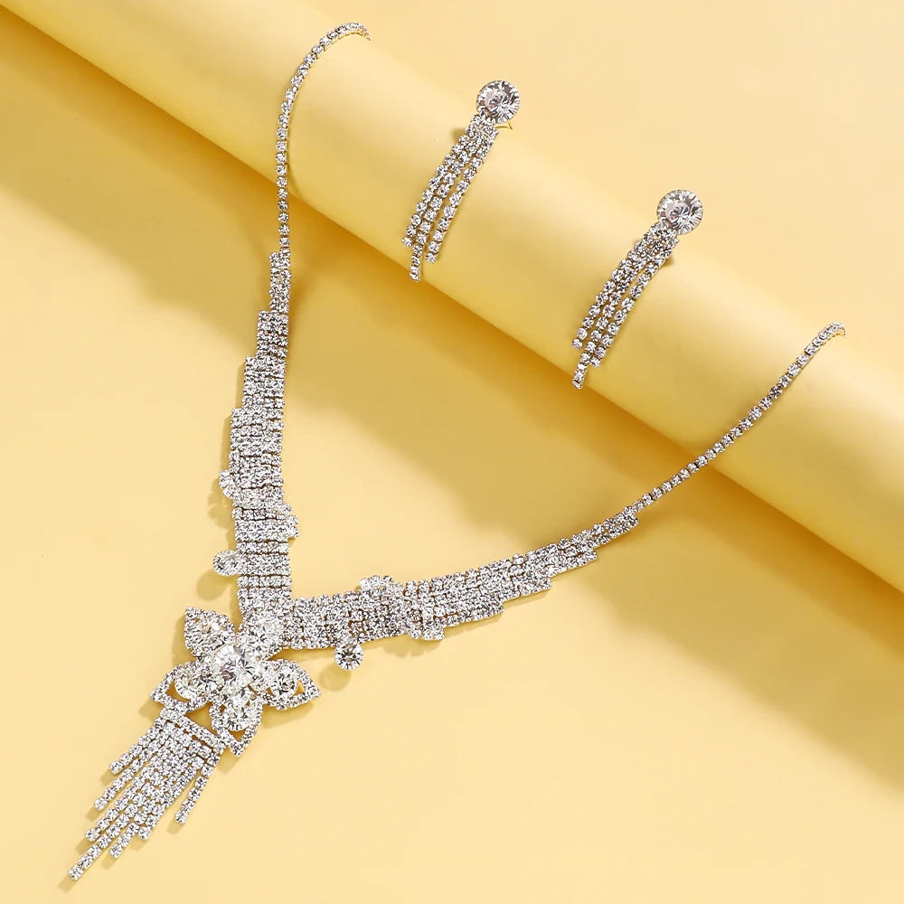 Luxury Flower Bridal Jewellery Sets Rhinestone Necklace Earrings Set Wedding Jewelry