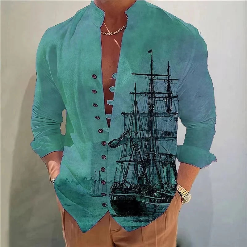 Spring Autumn Sailboat printin Hot Sale Men's Long-Sleeved Shirts Solid Color Stand-Up Collar  Casual Style Plus Size Shirts New - Hiron Store