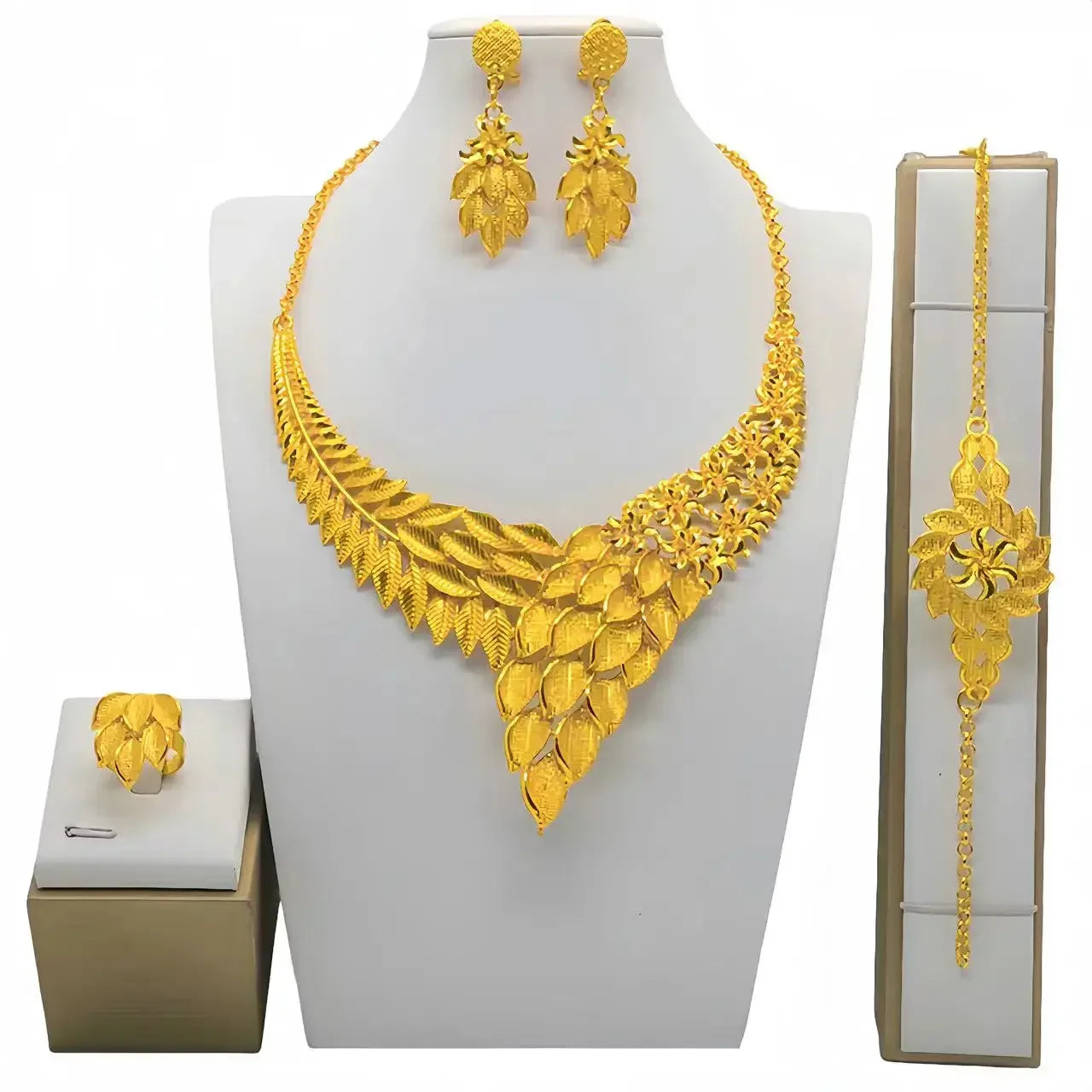 Fashion India Latest Design Jewelry Luxury African Jewelry Necklace Earrings Ring Bracelet Set Dubai Gold Color