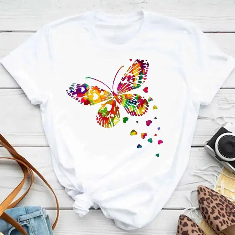 Fashion Women Men T Shirt Colorful Butterfly Petal Graphic Print T Shirt Casual Crew Neck Short Sleeve Plus Size T Shirt Unisex - Hiron Store