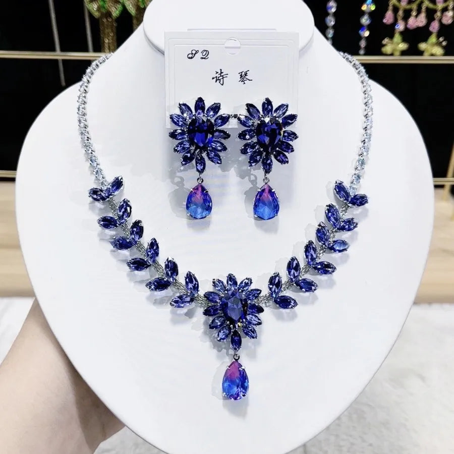 Women Colorful Fashion Zircon Necklace Earrings 2025