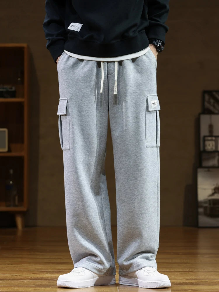 Multi-Pockets Sweatpants Men Drawstring Waist Sportswear Casual Track Pants Plus