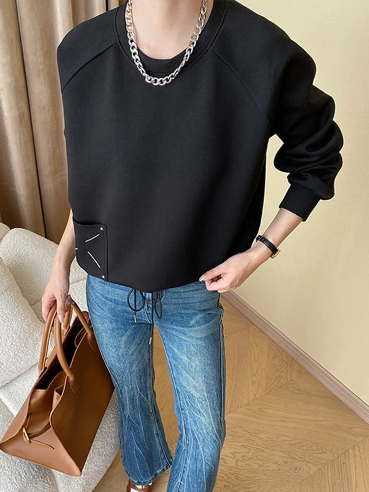 Embroidered Design Pullover Sweatshirt Women Solid Round Long Sleeve Casual Loose Tops