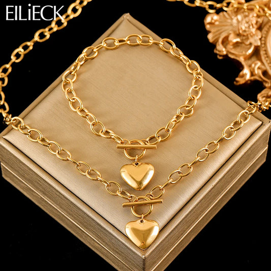 EILIECK 316L Stainless Steel Gold Color Heart Love Necklace Bracelets Set Waterproof Jewelry Set