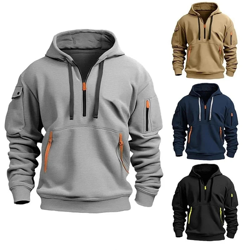 Men's Leisure Sports Pullover Multi Zipper Arm Pocket Hoodie Set Hoodie Loose Coat