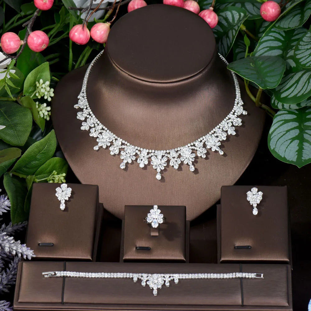 HIBRIDE AAA CZ Flower Design Luxury Bridal Wedding Jewelry Sets Women 4pcs Set White Color Bridal Jewelry Parure Bijoux N-641 - Hiron Store