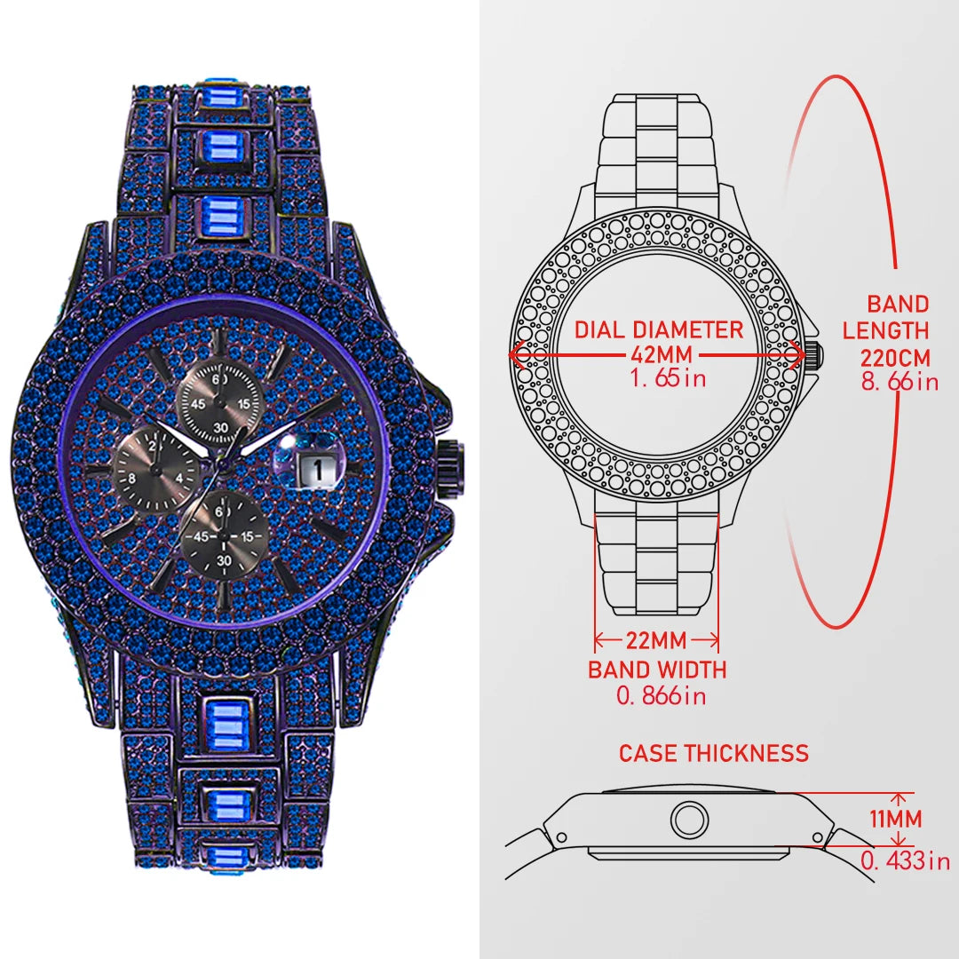 Blue Iced Out Watches For Men Diamond Quartz Watch