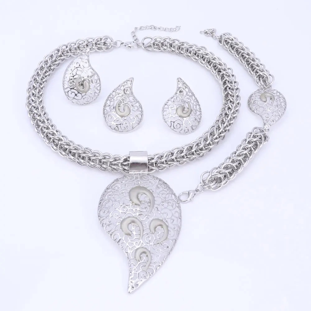 Bridal African Beads Jewelry Sets For Women Silver Color Crystal Necklace Earrings Bracelet Ring set