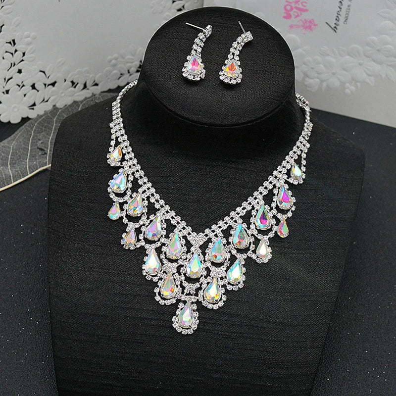 Crystal Blue Red Bridal Jewelry Sets Teardrop Shape Wedding Necklace Earrings Fashion Party Jewelry Sets Women Accessories - Hiron Store