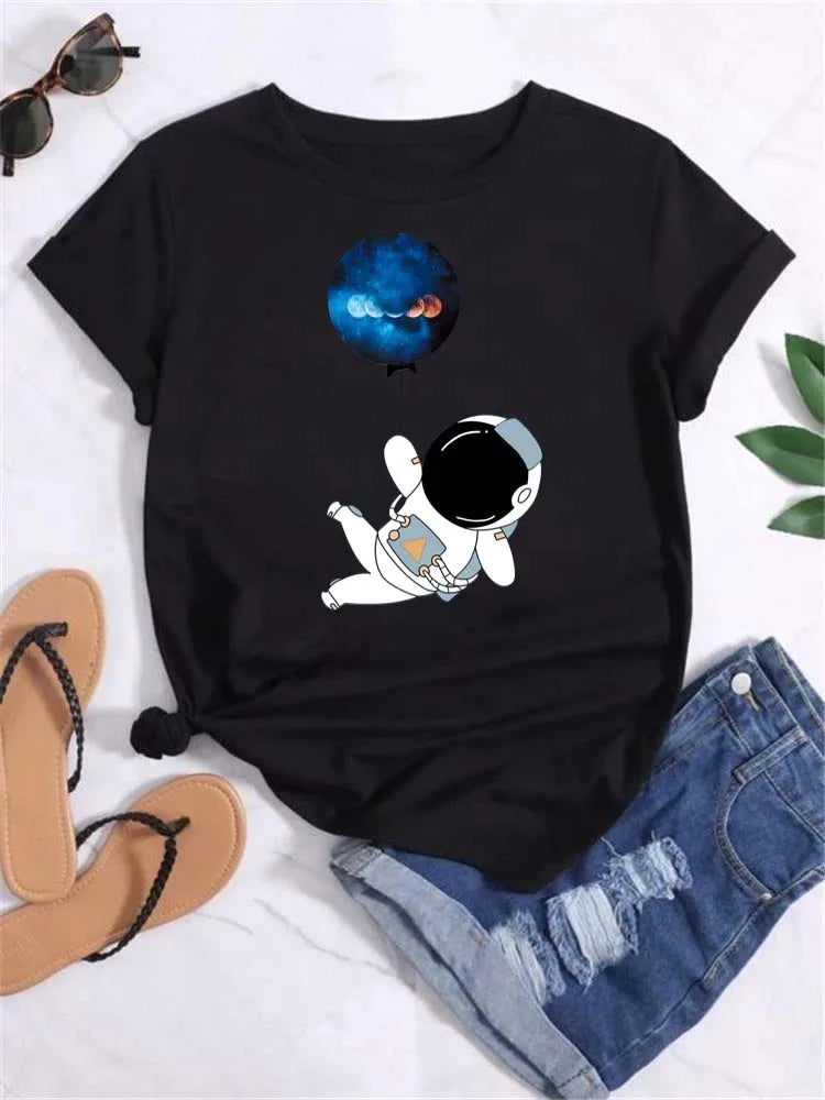 Women Moon Planet Print Round Neck Short Sleeve Streetwear Female T-Shirt  Tops