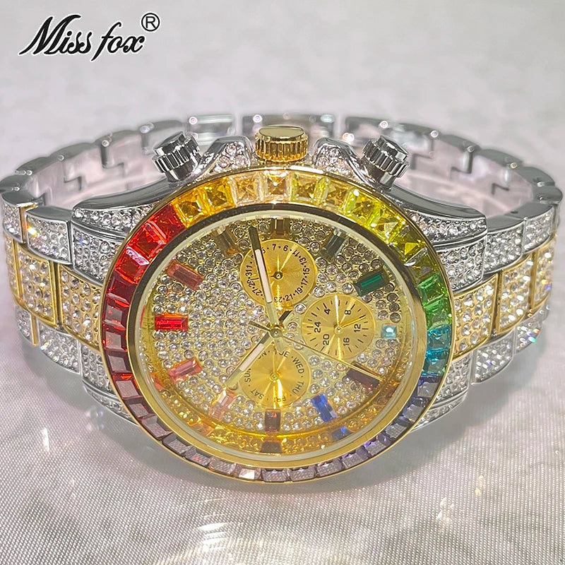 2024 Luxury Brand MISSFOX Gold Hip Hop Watches Men Fashion Rainbow Diamond Waterproof Smart Watch Full Steel Sports Clocks Male - Hiron Store