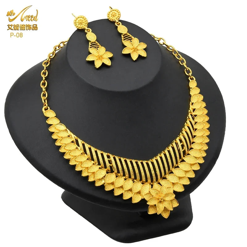 Ethiopian 24k Gold Color Heart Pendant Necklace Sets for Women Indian Anniversary Africa Bridal Necklace Earrings Ring Set Gifts - Hiron Store