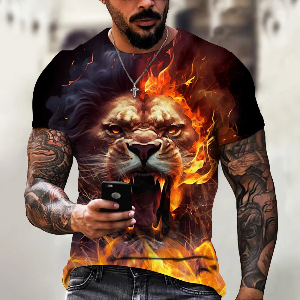 Summer Retro T-Shirt Animal Lion 3d Print Fashion Short Sleeve Top Elastic Oversized Clothing Sweatshirt Fitness T Shirt For Men - Hiron Store