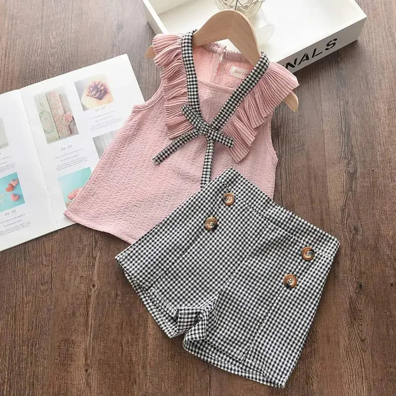 Summer Kids Clothes Floral Chiffon Halter+Embroidered Shorts Straw Children Clothing