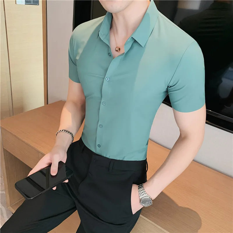 Men's Ultra Stretch  Long Sleeve Shirt, Top Quality Business Casual, Breathable   Solid Color Formal Dress Shirt