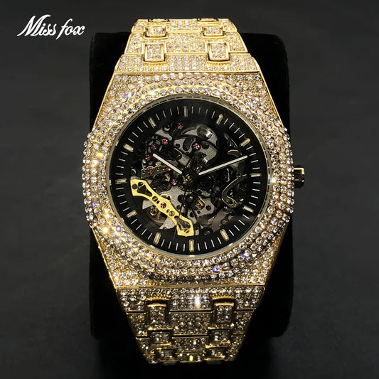 Automatic Watch Luxury Full Ice Out  Hip Hop Tourbillon Watches Bling Diamond Gold Clock