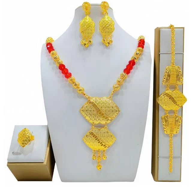 Dubai Jewelry Set For Women Necklace Earrings Indian Thailand Two Piece Set Gold Color