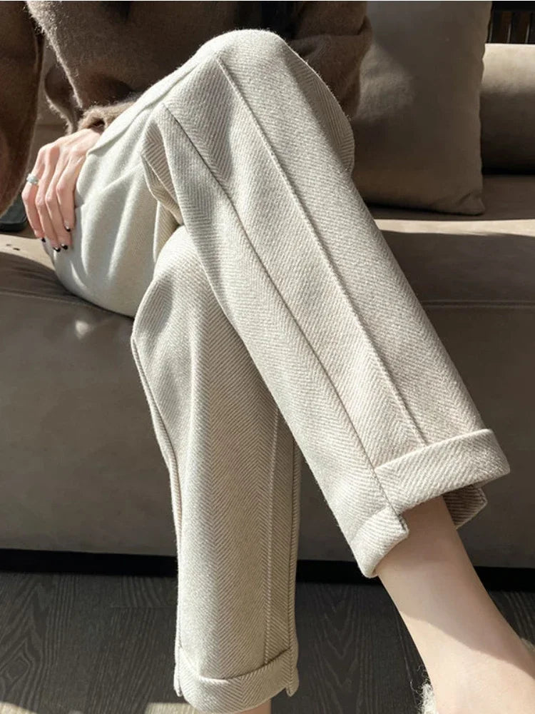 Warm Thickened Cropped Pants 2024 Winter Women' S Pants Loose Casual Herringbone High-waisted Tweed Straight Pants