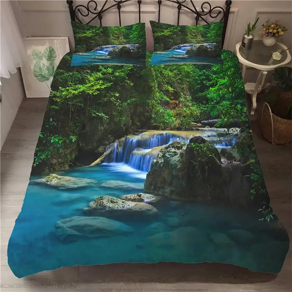 Waterfall Duvet Cover Set Natural Scenery Quilt Cover Pillowcase Landscape Forest Queen Size Polyester Bedding Set
