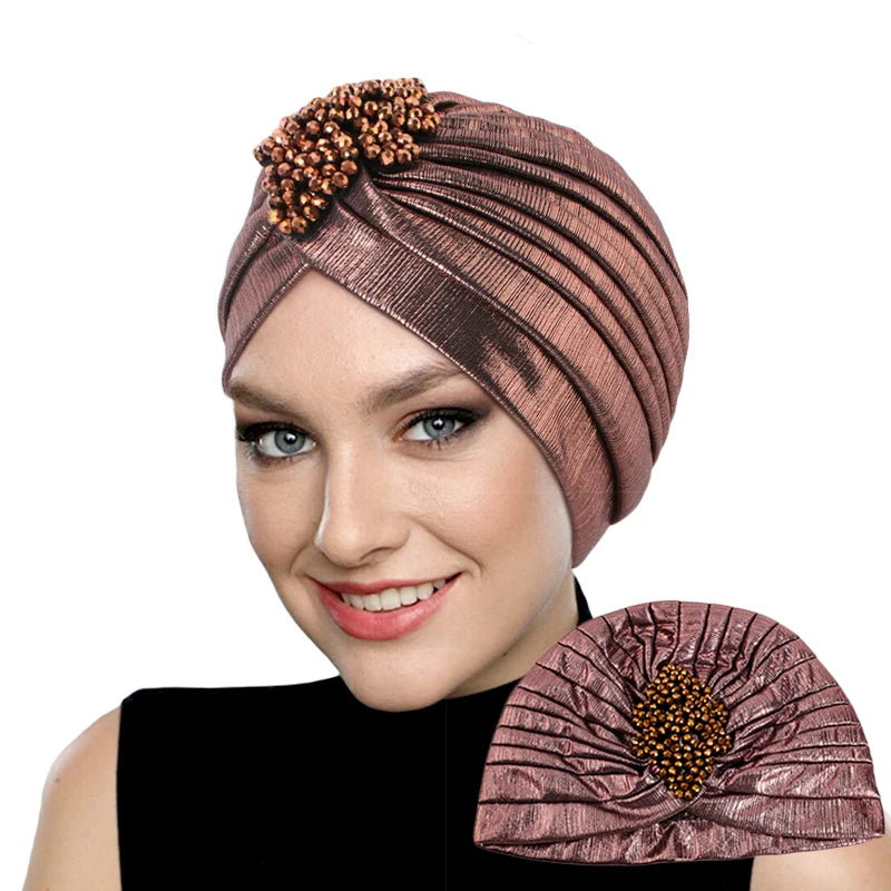 New Women's Luxury Diamond Turban Cap, Elastic Bandana Beanie, Chemo Cap, Muslim, Indian & African Hat Headwear