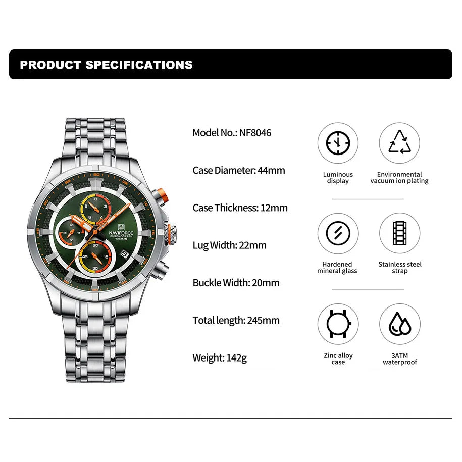 NAVIFORCE Luxury Brand Watch for Men Stainless Steel Strap Chronograph Clock