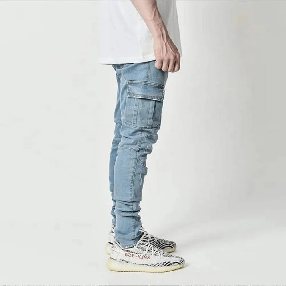 Street Elastic Jeans Men Denim Cargo Pants Multi Pockets Trousers