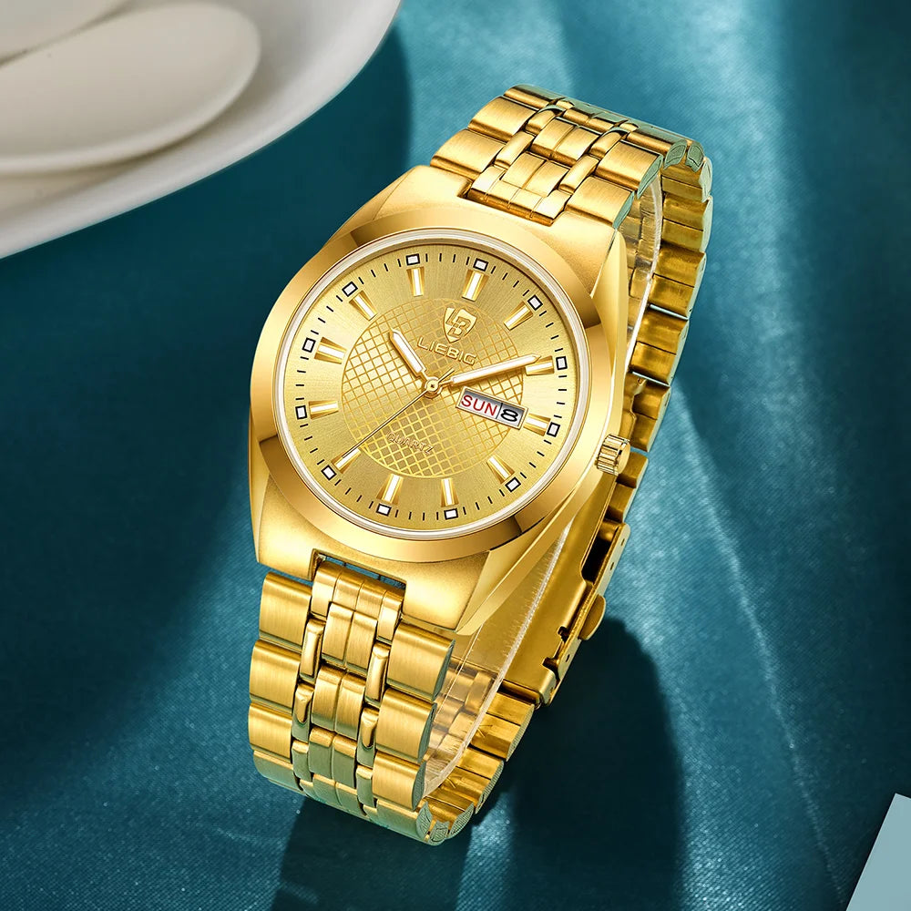 Men's and women Wristwatch Quartz Movement Stainless Steel Strap Time Date Casual Gold Watch