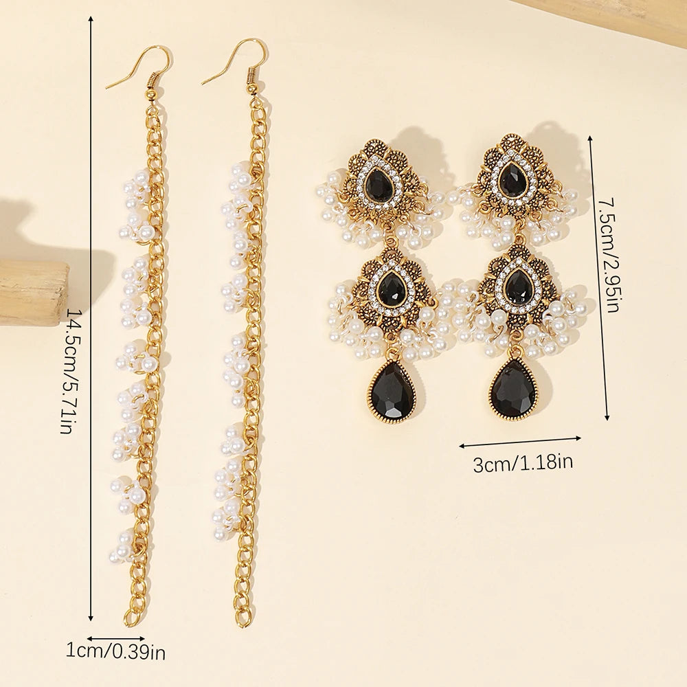 Boho Water Drop Long Earrings Headdress for Women Luxury Crystal Pearl Tassel Wedding Jewellery